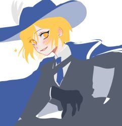 Rule 34 | 1girl, black gloves, blonde hair, blue cape, blue hat, blush, cape, don quixote (project moon), feathers, gloves, grey jacket, hat, hat feather, jacket, limbus company, long sleeves, looking at viewer, moth ram, parted lips, project moon, simple background, smile, solo, sparkle, sparkling eyes, white background, yellow eyes