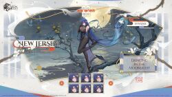 &gt;_&lt; 1girl :d absurdly_long_hair animal_ears ass azur_lane bare_shoulders black_footwear black_gloves black_pantyhose blue_dress blue_eyes blue_hair branch character_name commentary dress elbow_gloves english_commentary fake_animal_ears from_side gloves high_heels highres long_hair multiple_expressions new_jersey_(azur_lane) new_jersey_(dancing_in_the_moonlight)_(azur_lane) official_alternate_costume official_art open_mouth pantyhose pelvic_curtain promotional_art rabbit_ears second-party_source shoes smile solo standing standing_on_one_leg very_long_hair xd yyy_(zelda10010)