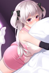 Rule 34 | 1girl, ass, bare shoulders, bed, bed sheet, black ribbon, blush, colored eyelashes, commentary request, elbow pads, from side, grey hair, gym shorts, gym uniform, hair ribbon, huyumitsu, indoors, long hair, looking at viewer, looking to the side, lying, hugging object, on bed, on stomach, original, photoshop (medium), pillow, pillow hug, pink eyes, pink shorts, ribbon, shirt, shorts, sleeveless, sleeveless shirt, socks, solo, sportswear, two side up, uniform, volleyball uniform, white shirt, white socks