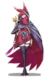 Rule 34 | 1girl, animal ears, animal skull, bandaged leg, bandages, belt, bird legs, bird skull, cloak, closed mouth, ears through headwear, eyes visible through hair, facial mark, feathers, holding, holding feather, hood, hood up, hooded cloak, league of legends, long hair, orange eyes, purple hair, simple background, skull, slit pupils, smile, solo, standing, talons, thigh strap, white background, xayah, yabby