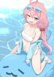 Rule 34 | 1girl, absurdres, ahoge, bare shoulders, bikini, blue archive, blue eyes, blue jacket, breasts, collarbone, eyewear on head, fang, frilled bikini, frills, hair bobbles, hair ornament, halo, heterochromia, highres, hoshino (blue archive), hoshino (swimsuit) (blue archive), inflatable toy, inflatable whale, jacket, long hair, looking at viewer, mizumi kamijo, navel, open mouth, pink hair, sandals, small breasts, smile, solo, sunglasses, swimsuit, toes, twintails, white bikini, yellow eyes