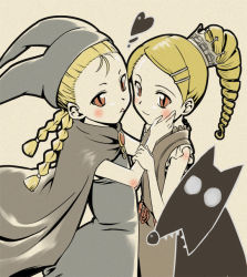 Rule 34 | 00s, 2girls, beige background, black dress, blonde hair, braid, dress, drill hair, hand on another&#039;s cheek, hand on another&#039;s face, hat, heart, holding hands, hug, jester cap, kaibutsu oujo, kereberotte, kuroblack, marumi, multiple girls, ponytail, red eyes, sherwood, simple background, twin braids, upper body, yuri
