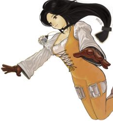 Rule 34 | 1girl, belt, belt buckle, black hair, black neckwear, black ribbon, bodysuit, breasts, brown eyes, brown gloves, buckle, choker, cleavage, closed mouth, collarbone, expressionless, eyebrows, facing away, final fantasy, final fantasy ix, floating hair, garnet til alexandros xvii, gloves, jewelry, juliet sleeves, lips, long hair, long sleeves, looking away, low-tied long hair, medium breasts, moiko, necklace, orange bodysuit, outstretched arms, pink lips, puffy long sleeves, puffy sleeves, ribbon, signature, simple background, solo, very long hair, white background, white belt
