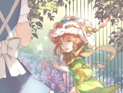 Rule 34 | 2girls, :d, bell, braid, brown hair, bug, butterfly, chinese new year, green eyes, hair ribbon, hong meiling, insect, izayoi sakuya, maid, multiple girls, open mouth, out of frame, outdoors, reeh (yukuri130), ribbon, scarf, short sleeves, smile, touhou, twin braids