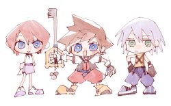 Rule 34 | 1girl, 2boys, arms behind back, baggy pants, belt, black gloves, black wristband, blue eyes, blue footwear, blue pants, brown hair, chibi, fingerless gloves, gloves, green eyes, grey hair, high collar, holding, holding weapon, jacket, jumpsuit, kairi (kingdom hearts), keyblade, kingdom hearts, kingdom hearts i, multiple boys, nitoya 00630a, open clothes, open jacket, open mouth, pants, purple skirt, red hair, riku (kingdom hearts), serious, shirt, shoes, short hair, short jumpsuit, skirt, sleeveless, smile, sora (kingdom hearts), spiked hair, standing, tank top, watercolor effect, weapon, white background, white gloves, white shirt, white tank top, wristband, yellow footwear, yellow shirt