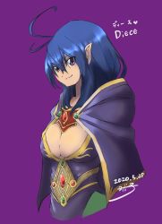 Rule 34 | 1girl, ahoge, blue eyes, blue hair, breasts, breath of fire, capcom, cape, cleavage, closed mouth, dated, deis, hi-3, highres, hood, lamia, long hair, looking at viewer, monster girl, pointy ears, procreate (medium), purple eyes, simple background, smile, solo