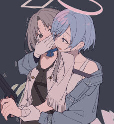 Rule 34 | arknights, bare shoulders, black shirt, blue choker, blue eyes, blue hair, blue jacket, blush, character request, choker, coldcat., collarbone, commentary request, covering another&#039;s mouth, fringe trim, gloves, grey background, grey eyes, grey hair, gun, hair between eyes, halo, highres, holding, holding another&#039;s wrist, holding gun, holding weapon, jacket, long sleeves, off shoulder, open clothes, open jacket, open mouth, parted bangs, shirt, simple background, tank top, tears, trembling, upper body, weapon, weapon request, white gloves, white tank top