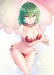 Rule 34 | 1girl, bare arms, bare shoulders, bikini, breasts, commentary, cowboy shot, green hair, hair between eyes, holding, holding umbrella, kazami yuuka, large breasts, looking at viewer, navel, pink umbrella, plaid, plaid bikini, red bikini, red eyes, side-tie bikini bottom, simple background, smile, solo, standing, stomach, swimsuit, thighs, touhou, umbrella, y2