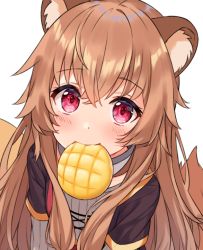 Rule 34 | 1girl, animal ear fluff, animal ears, bread, brown hair, commentary, english commentary, food, food in mouth, hair between eyes, hitsukuya, long hair, looking at viewer, melon bread, mouth hold, raccoon ears, raccoon girl, raphtalia, red eyes, simple background, solo, tate no yuusha no nariagari, unfinished, white background