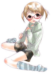 Rule 34 | blush, brown eyes, brown hair, copyright request, glasses, inuburo, short hair, shorts, socks, solo, striped clothes, striped socks, twintails, undressing