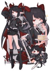 Rule 34 | 1girl, black footwear, black hair, black nails, black necktie, black skirt, black tail, black wings, boots, cake, cake slice, closed mouth, collared shirt, commission, fingernails, food, high heel boots, high heels, holding, holding sword, holding weapon, horns, kasa (hitori sanka), knee boots, licking, licking finger, long fingernails, long hair, long sleeves, looking at viewer, multiple views, nail polish, necktie, one eye closed, original, pointy ears, red eyes, red horns, sharp fingernails, shirt, skeb commission, skirt, sword, tongue, tongue out, weapon, white shirt, wings