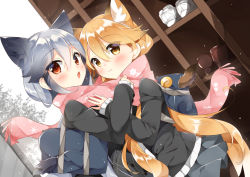 Rule 34 | 10s, 2girls, animal ears, bag, bag charm, black jacket, blonde hair, blush, brown eyes, carrying bag, carrying over shoulder, cat ears, charm (object), closed mouth, commentary request, ezo red fox (kemono friends), gau (n00 shi), getabako, grey hair, hair between eyes, jacket, kemono friends, long hair, long sleeves, looking at viewer, multiple girls, open mouth, pink scarf, pleated skirt, scarf, school bag, school uniform, shared clothes, shared scarf, shoe lockers, silver fox (kemono friends), skirt, standing, winter, yellow eyes