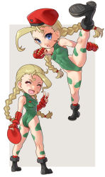 Rule 34 | 1girl, ahoge, ass, beret, black footwear, blonde hair, blue eyes, bodypaint, boots, braid, cammy white, cross-laced footwear, fingerless gloves, from behind, full body, gloves, green leotard, hat, high kick, highleg, highleg leotard, huge ahoge, katahira masashi, kicking, lace-up boots, leotard, long hair, looking at viewer, multiple views, red gloves, red headwear, smile, street fighter, turtleneck, twin braids, v
