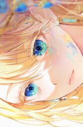 Rule 34 | 1girl, 58 (opal 00 58), absurdres, blonde hair, blue eyes, close-up, closed mouth, earrings, eye focus, highres, jewelry, long hair, looking away, original, sideways, simple background, solo, white background