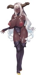 Rule 34 | 1girl, armlet, asymmetrical gloves, bare shoulders, boots, breasts, censored, clone, colored pubic hair, crotchless, crotchless leotard, dark-skinned female, dark skin, demon girl, facing viewer, female focus, female pubic hair, full body, functionally nude, game cg, gloves, hair intakes, highleg, highleg leotard, highres, horns, jewelry, legs together, leotard, light smile, long hair, looking at viewer, mismatched gloves, monster girl, mosaic censoring, muchimuchi dekapai mara gui maou-sama to onboro yojouhan dousei seikatsu, nipples, official art, orcsoft, phrygia 2, pointy ears, pubic hair, sian, solo, standing, thigh boots, thighhighs, topless, transparent background, very long hair, white gloves, white hair, white pubic hair