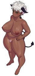Rule 34 | 1girl, absurdres, arm behind back, bare shoulders, barefoot, belly, black sclera, breasts, cleavage, collarbone, colored sclera, dark-skinned female, dark skin, demon girl, demon horns, demon tail, earrings, elf-san wa yaserarenai., female pubic hair, from above, hand on own hip, highres, horns, jewelry, large breasts, looking at viewer, navel, nipples, nude, plump, pubic hair, satero (elf-san wa yaserarenai.), short hair, simple background, solo, standing, synecdoche, tail, thick thighs, thighs, white background