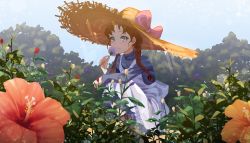 Rule 34 | 1girl, anne of green gables, anne shirley, arm on knee, bad id, bad pixiv id, blue eyes, blue shirt, blue sky, braid, commentary, day, dress, flower, hat, hat ribbon, highres, holding, holding flower, lens flare, light rays, long sleeves, looking at viewer, outdoors, pinafore dress, red hair, ribbon, shirt, sky, sleeveless dress, smile, solo, squatting, straw hat, sunbeam, sunlight, tem, tree, twin braids, white dress