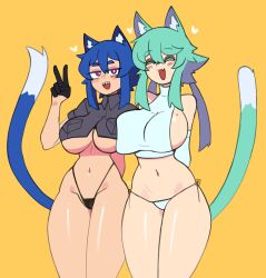 Rule 34 | 2girls, absurdres, animal ear fluff, animal ears, aria (docecaedrus), arm behind back, bare shoulders, black gloves, black panties, blue hair, blush stickers, breasts, cat ears, cat girl, cat tail, closed eyes, collared shirt, cowboy shot, cropped shirt, detached sleeves, doce, fang, freckles, gloves, green hair, grey shirt, hair between eyes, half-closed eyes, heart, highres, large breasts, looking at viewer, mole, mole on breast, multiple girls, navel, no pants, open mouth, original, panties, pink eyes, sharp teeth, shirt, short hair, side-tie panties, sideboob, simple background, skin fang, tail, teeth, thighs, underboob, underwear, v, white panties, white shirt, xiao (docecaedrus), yellow background