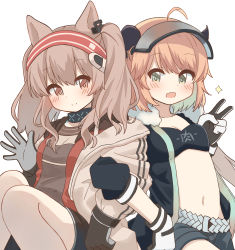 Rule 34 | 2girls, absurdres, ahoge, angelina (arknights), animal ears, arknights, blush, brown eyes, brown hair, closed mouth, cow girl, croissant (arknights), crop top, fang, fox ears, fox girl, fur-trimmed jacket, fur trim, gloves, green eyes, hairband, highres, horns, infection monitor (arknights), jacket, locked arms, long hair, multiple girls, navel, open clothes, open jacket, open mouth, orange hair, ryoku sui, short hair, shorts, twintails, v, visor cap, waving, white background
