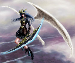 Rule 34 | 1girl, armor, blue hair, blush response, boots, breasts, chain, choker, cloud, earrings, female focus, full body, gradient background, hair over one eye, helmet, jewelry, leather, long hair, original, outdoors, skirt, sky, solo, weapon, wings