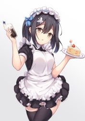 Rule 34 | 1girl, :o, absurdres, apron, arata (xin), black hair, black thighhighs, blue bow, bow, breasts, cake, commentary request, dress, fate/grand order, fate/kaleid liner prisma illya, fate (series), food, fruit, hair between eyes, hair bow, hair ornament, hairclip, highres, holding, holding plate, long hair, looking at viewer, maid, maid apron, maid headdress, miyu edelfelt, one side up, plate, short dress, short sleeves, simple background, small breasts, solo, strawberry, thighhighs, white background