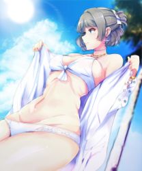 Rule 34 | 10s, 1girl, asymmetrical hair, bare shoulders, bikini, bikini under clothes, blue eyes, blush, bracelet, breasts, brown hair, choker, cleavage, cloud, cloudy sky, commentary request, day, dress, earrings, front-tie bikini top, front-tie top, green eyes, heterochromia, highres, hip focus, idolmaster, idolmaster cinderella girls, jewelry, lens flare, looking to the side, medium breasts, mole, mole under eye, navel, off shoulder, open clothes, open dress, palm tree, ryuu., short hair, short ponytail, sky, smile, solo, sun, sunlight, swimsuit, takagaki kaede, tree, white bikini, white choker, white dress