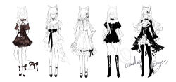 Rule 34 | 1girl, animal ears, bare shoulders, boots, cat ears, cat tail, choker, commentary, dress, faceless, full body, high heel boots, high heels, limited palette, long hair, off-shoulder dress, off shoulder, original, sheya, short dress, short sleeves, simple background, solo, standing, tail, white background