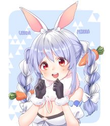 Rule 34 | 1girl, animal ear fluff, animal ears, bare shoulders, black gloves, blue hair, blush, braid, breasts, carrot hair ornament, character name, commentary, don-chan (usada pekora), food-themed hair ornament, fur trim, gloves, hair ornament, highres, hololive, long hair, looking at viewer, multicolored hair, open mouth, rabbit ears, smile, solo, taemin, teeth, thick eyebrows, twin braids, two-tone hair, upper teeth only, usada pekora, usada pekora (1st costume), virtual youtuber, white hair