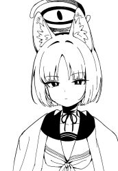 Rule 34 | 1girl, animal ear fluff, animal ears, blue archive, character request, check character, choker, closed mouth, collarbone, greyscale, halo, kikyou (blue archive), looking at viewer, monochrome, neckerchief, open clothes, parted bangs, sailor collar, school uniform, serafuku, seramikku, shirt, short hair, simple background, solo, upper body, white background