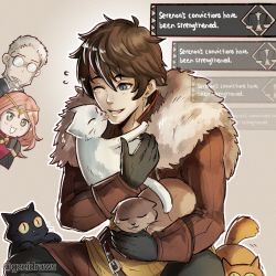 Rule 34 | 1girl, 2boys, animal, benedict pascal, black cat, brown hair, cat, chibi, chibi inset, circlet, coat, english text, frederica aesfrost, fur collar, gloves, green eyes, gzei, highres, multiple boys, nintendo switch, one eye closed, open mouth, orange cat, pink hair, serenoa wolffort, simple background, smile, square enix, triangle strategy, twitter username, white cat, white hair