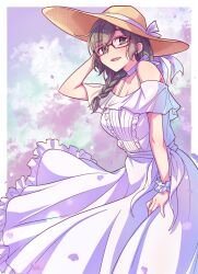 Rule 34 | 1girl, :d, arm behind head, arm up, black-framed eyewear, blush, braid, breasts, brown eyes, brown hair, brown hat, center frills, cleavage, dress, e20, frilled dress, frills, glasses, hair over shoulder, hat, highres, long hair, looking at viewer, medium breasts, off-shoulder dress, off shoulder, open mouth, original, outside border, petals, single braid, smile, solo, standing, sun hat, white dress, wrist cuffs