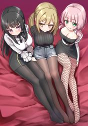 Rule 34 | 10s, 3girls, arm support, bang dream!, belt, black hair, black legwear, blush, breasts, brown eyes, brown hair, cleavage, closed mouth, deadnooodles, feet, fishnet pantyhose, fishnets, from above, frown, full body, green eyes, highres, ichigaya arisa, large breasts, long legs, looking at viewer, looking up, low twintails, matching hair/eyes, medium hair, multiple girls, pantyhose, parted lips, pink hair, purple eyes, shirokane rinko, short shorts, shorts, sitting, skirt, smile, sweat, sweater, trait connection, twintails, uehara himari