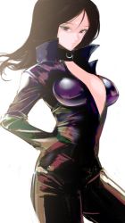Rule 34 | 1girl, blue eyes, bodysuit, breasts, center opening, character request, closed mouth, collar, cosplay, long hair, looking at viewer, mityubi, nemissa, simple background, solo, soul hackers, white background