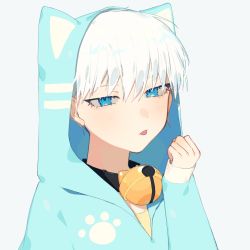Rule 34 | 1boy, animal ears, bell, black collar, blue eyes, blue hoodie, clenched hand, closed mouth, collar, commentary request, fake animal ears, grey background, hand up, highres, hood, hood up, hoodie, jingle bell, looking at viewer, male focus, mizumi zumi, neck bell, original, paw print, print hoodie, shirt, short hair, simple background, sleeves past wrists, solo, tongue, tongue out, upper body, white hair, yellow shirt