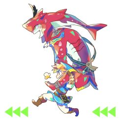 Rule 34 | 2boys, :d, blonde hair, blush stickers, boots, brown footwear, brown gloves, carrying, chibi, ascot, fang, feathers, full body, gills, gloves, link, male focus, monster boy, multiple boys, nintendo, open mouth, piggyback, running, sash, scar, shoulder carry, sidon, simple background, smile, the legend of zelda, the legend of zelda: breath of the wild, tunic, white background, zora