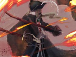 Rule 34 | 1girl, blonde hair, blood, blood stain, bloodborne, blue eyes, cape, fire, gem, hat, hat feather, highres, itsuki (itsukiovo), katana, lady maria of the astral clocktower, sword, tricorne, weapon