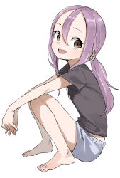 Rule 34 | 1girl, :d, absurdres, barefoot, black shirt, blush, brown eyes, commentary request, grey shorts, hair between eyes, highres, knees up, long hair, looking at viewer, low ponytail, open mouth, outstretched arms, parted bangs, ponytail, purple hair, shirt, short shorts, short sleeves, shorts, simple background, sitting, smile, solo, soredemo ayumu wa yosetekuru, white background, yamamoto souichirou, yaotome urushi