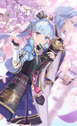 Rule 34 | 1boy, 1girl, 2windrill, arm armor, armor, ayaka (genshin impact), black armor, black gloves, blue eyes, blue gemstone, blue hair, blue jacket, blue sky, blunt bangs, blush, branch, breasts, brother and sister, bubble tea, cherry blossoms, closed mouth, collared jacket, commentary request, cup, fingerless gloves, flower, gem, genshin impact, glass, gloves, hair ornament, hair ribbon, hair tubes, hand fan, hand up, highres, holding, holding cup, holding fan, jacket, kamisato ayato, long hair, long sleeves, looking back, looking to the side, medium breasts, mole, mole under eye, open clothes, open jacket, outdoors, pants, petals, pink flower, pink ribbon, ponytail, purple eyes, purple skirt, purple vest, ribbon, shirt, short hair, siblings, skirt, sky, smile, standing, tassel, tree, vest, vision (genshin impact), white jacket, white pants, white shirt, wide sleeves