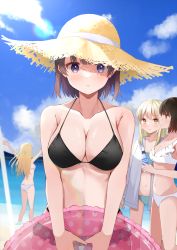 Rule 34 | 4girls, :o, absurdres, akagikou, arms up, bare arms, bare shoulders, bikini, bikini under clothes, blonde hair, blue bikini, blue sky, blush, breasts, brown eyes, brown hair, brown headwear, cleavage, closed mouth, cloud, collarbone, commentary request, day, frilled bikini, frilled innertube, frills, hat, highres, holding, innertube, jacket, long hair, looking at viewer, medium breasts, multiple girls, open clothes, open jacket, original, outdoors, outstretched arms, parted lips, polka dot, purple eyes, sky, straw hat, swim ring, swimsuit, very long hair, white bikini, white jacket