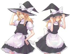 Rule 34 | 2girls, bad id, bad pixiv id, blonde hair, blush, braid, clone, commentary, dual persona, female focus, hand on headwear, hand on own hip, hat, hip focus, kirisame marisa, multiple girls, simple background, time paradox, touhou, white background, witch, witch hat, yellow eyes, yoita