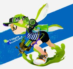 Rule 34 | 1girl, baseball cap, blue background, closed mouth, commentary request, cross-laced footwear, english text, euca (recita), full body, green hair, gun, hat, highres, holding, holding gun, holding weapon, inkling, inkling girl, inkling player character, long hair, looking ahead, nintendo, pointy ears, shoes, simple background, smile, solo, splash-o-matic (splatoon), splatoon (series), suction bomb (splatoon), tentacle hair, two-tone background, weapon, white background, yellow eyes