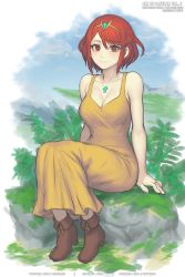 Rule 34 | 1girl, artist name, bare shoulders, bob cut, boots, breasts, brown footwear, chest jewel, circlet, cleavage, closed mouth, dress, full body, gofelem, grass, large breasts, looking at viewer, medium breasts, medium hair, pyra (xenoblade), red eyes, red hair, sitting, sketch, sleeveless, sleeveless dress, smile, solo, swept bangs, xenoblade chronicles (series), xenoblade chronicles 2, yellow dress