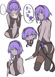 Rule 34 | 1girl, backless outfit, bad id, bad twitter id, blush, chibi, dark-skinned female, dark skin, fate/grand order, fate/prototype, fate/prototype: fragments of blue and silver, fate (series), hassan of serenity (fate), highres, looking at viewer, mask, multiple views, nari, purple eyes, purple hair, short hair, skull, teshima nari, translation request
