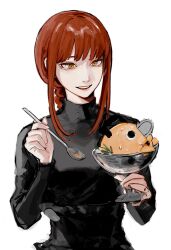 Rule 34 | 1girl, black sweater, braid, braided ponytail, chainsaw, chainsaw man, cup, food, highres, holding, holding cup, holding spoon, ice cream, kamo (kamonegioisi), looking at another, makima (chainsaw man), medium hair, parted lips, pochita (chainsaw man), red hair, ringed eyes, sidelocks, simple background, smile, solo, spoon, sweat, sweater, white background, yellow eyes
