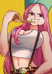 Rule 34 | 1girl, aosora2823, belt buckle, blush, breasts, buckle, cleavage, crumbs, eating, eyelid piercing, food, green headwear, highres, holding, holding food, holding pizza, jewelry bonney, large breasts, lipstick, long hair, makeup, midriff, navel, one piece, piercing, pink hair, pizza, polka dot, polka dot background, purple eyes, smile, solo, suspenders, tank top, twitter username, upper body, white tank top, yellow background