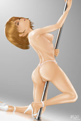 Rule 34 | 10s, 1girl, 2010, :d, acerbi, arm up, ass, blush, breasts, brown eyes, brown hair, cleft of venus, dated, dripping, earrings, full body, gem, glint, grey background, half-closed eyes, high heels, jewelry, kneeling, kneepits, leaning back, nipples, open mouth, open shoes, panties, parted lips, partially visible vulva, pearl (gemstone), pearl thong, pole, pole dancing, pussy juice, red eyes, shiny skin, shoes, short hair, simple background, small breasts, smile, solo, stripper pole, thong, toes, topless, uncensored, underwear, white legwear