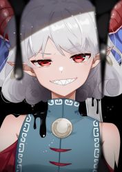 Rule 34 | 1girl, bad id, bad pixiv id, bare shoulders, blurry, blurry foreground, clothing cutout, depth of field, earrings, grin, highres, horns, jewelry, looking at viewer, red eyes, sharp teeth, short hair, shoulder cutout, silver hair, smile, solo, suikario, teeth, touhou, toutetsu yuuma, uneven eyes, upper body