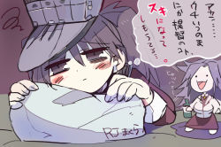 Rule 34 | 10s, 2girls, bad id, bad pixiv id, blush, breasts, brown eyes, brown hair, chibi, jun&#039;you (kancolle), kantai collection, long hair, military, military uniform, multiple girls, hugging object, personification, pillow, pillow hug, purple hair, ryuujou (kancolle), terada tera, translated, twintails, uniform