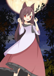Rule 34 | 1girl, animal ears, breasts, brown hair, cleavage, commentary, dress, fang, feet out of frame, full moon, hekkmushi, highres, imaizumi kagerou, long hair, medium breasts, moon, night, off-shoulder dress, off shoulder, open mouth, outdoors, red dress, red eyes, red pupils, skin fang, sky, solo, standing, star (sky), starry sky, touhou, two-tone dress, white dress, wolf ears, wolf girl