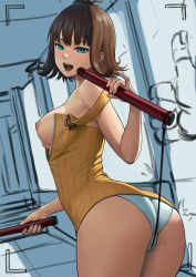Rule 34 | 1girl, ass, breasts, brown hair, commentary request, final fantasy, final fantasy viii, green eyes, lasterk, looking at viewer, nipples, nunchaku, open mouth, panties, pussy juice, selphie tilmitt, shiny skin, solo, standing, sweat, sweatdrop, underwear, unfinished, viewfinder, weapon, white panties